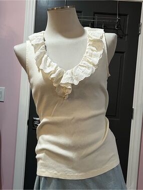 Chaps Cream Ruffle V-Neck Tank Top